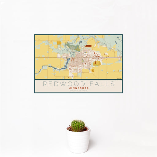 12x18 Redwood Falls Minnesota Map Print Landscape Orientation in Woodblock Style With Small Cactus Plant in White Planter