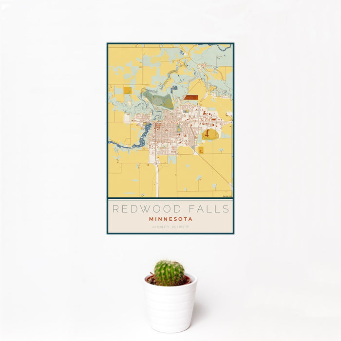 12x18 Redwood Falls Minnesota Map Print Portrait Orientation in Woodblock Style With Small Cactus Plant in White Planter