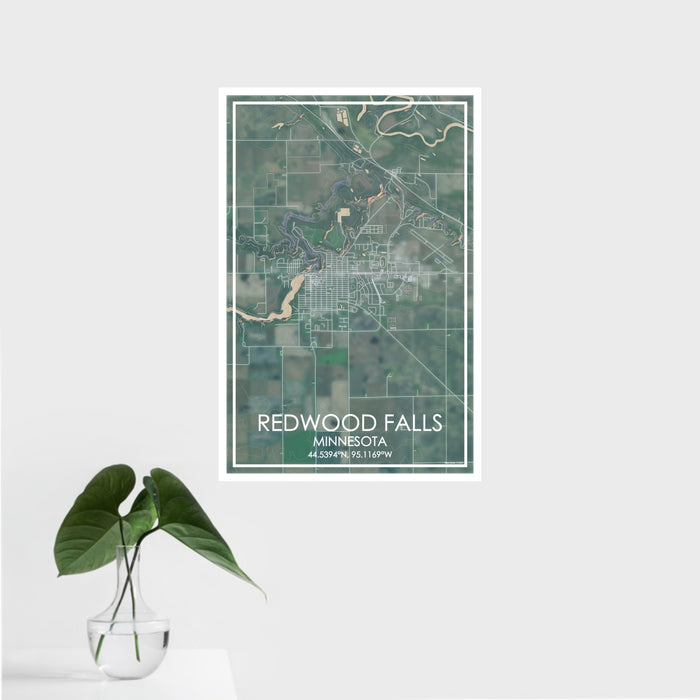 16x24 Redwood Falls Minnesota Map Print Portrait Orientation in Afternoon Style With Tropical Plant Leaves in Water