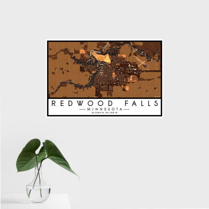 16x24 Redwood Falls Minnesota Map Print Landscape Orientation in Ember Style With Tropical Plant Leaves in Water