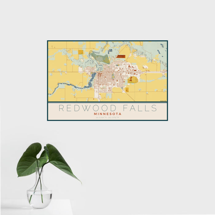 16x24 Redwood Falls Minnesota Map Print Landscape Orientation in Woodblock Style With Tropical Plant Leaves in Water