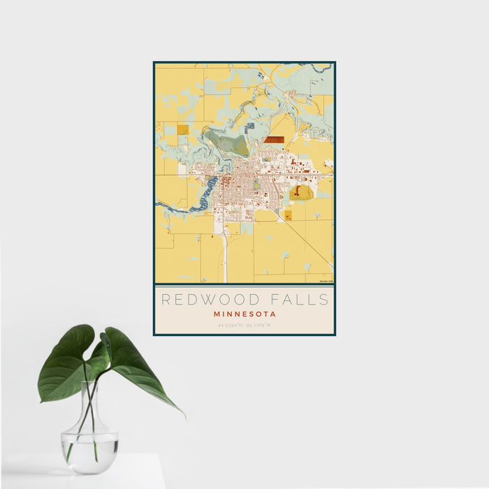 16x24 Redwood Falls Minnesota Map Print Portrait Orientation in Woodblock Style With Tropical Plant Leaves in Water