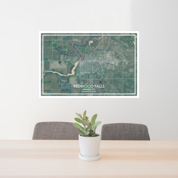 24x36 Redwood Falls Minnesota Map Print Lanscape Orientation in Afternoon Style Behind 2 Chairs Table and Potted Plant