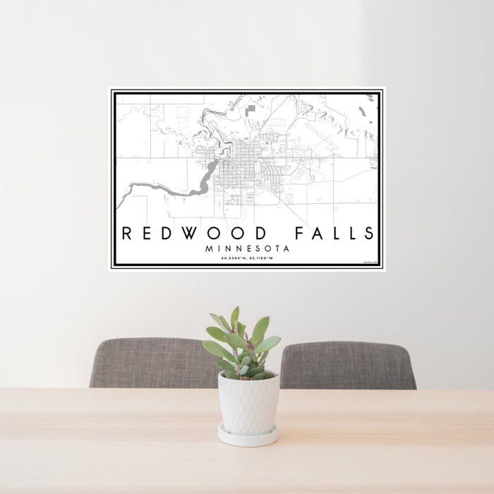 24x36 Redwood Falls Minnesota Map Print Lanscape Orientation in Classic Style Behind 2 Chairs Table and Potted Plant