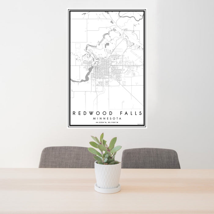 24x36 Redwood Falls Minnesota Map Print Portrait Orientation in Classic Style Behind 2 Chairs Table and Potted Plant