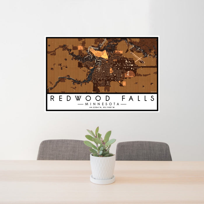 24x36 Redwood Falls Minnesota Map Print Lanscape Orientation in Ember Style Behind 2 Chairs Table and Potted Plant