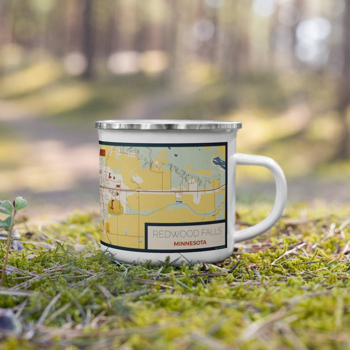 Right View Custom Redwood Falls Minnesota Map Enamel Mug in Woodblock on Grass With Trees in Background