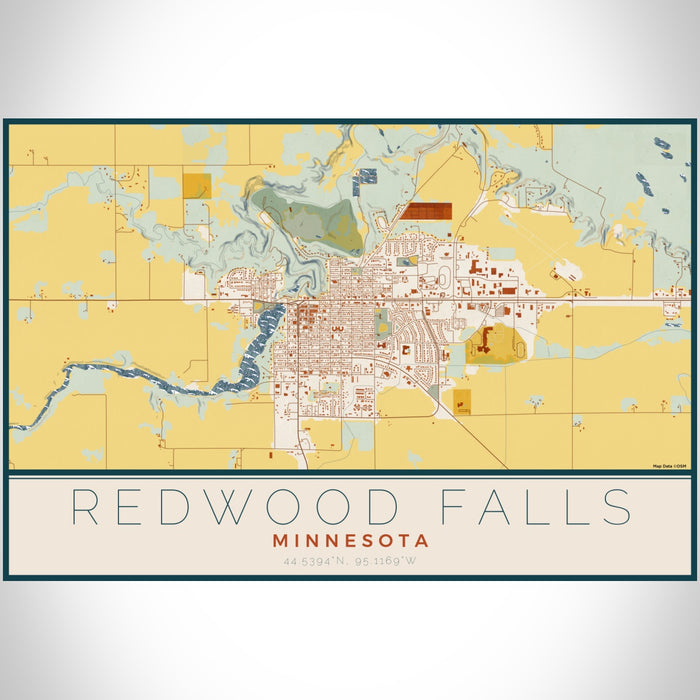 Redwood Falls Minnesota Map Print Landscape Orientation in Woodblock Style With Shaded Background