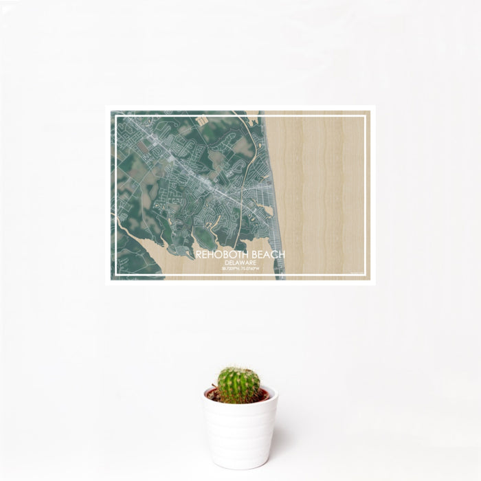 12x18 Rehoboth Beach Delaware Map Print Landscape Orientation in Afternoon Style With Small Cactus Plant in White Planter