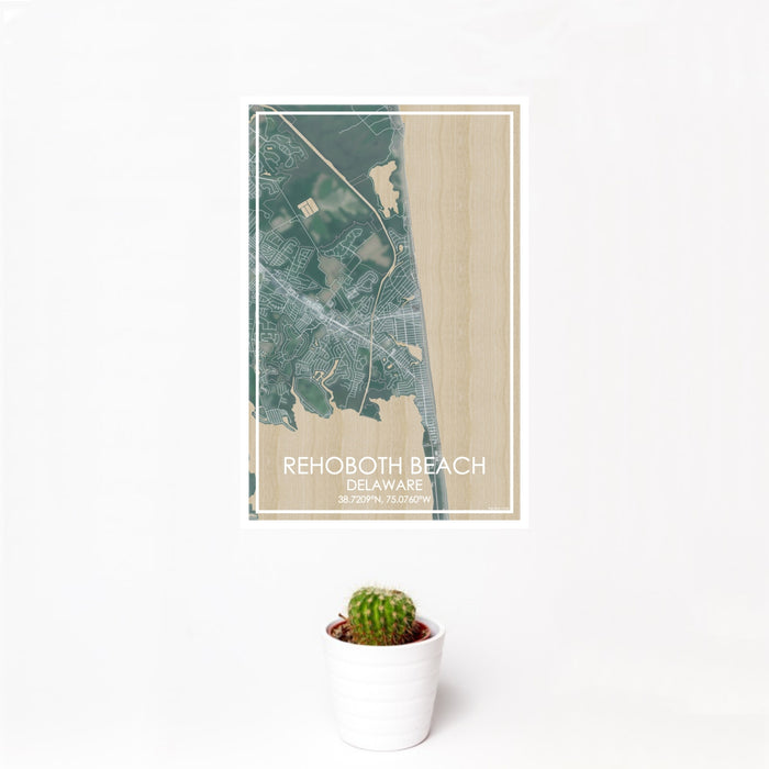 12x18 Rehoboth Beach Delaware Map Print Portrait Orientation in Afternoon Style With Small Cactus Plant in White Planter