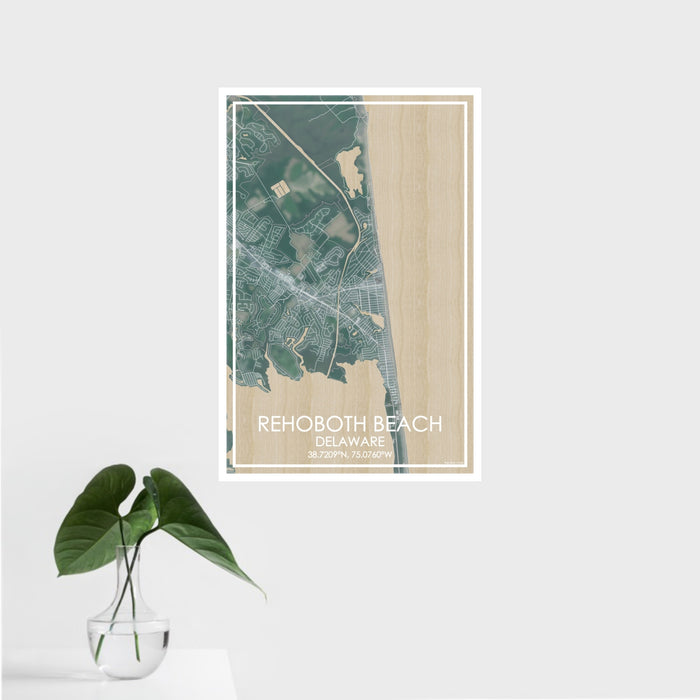 16x24 Rehoboth Beach Delaware Map Print Portrait Orientation in Afternoon Style With Tropical Plant Leaves in Water