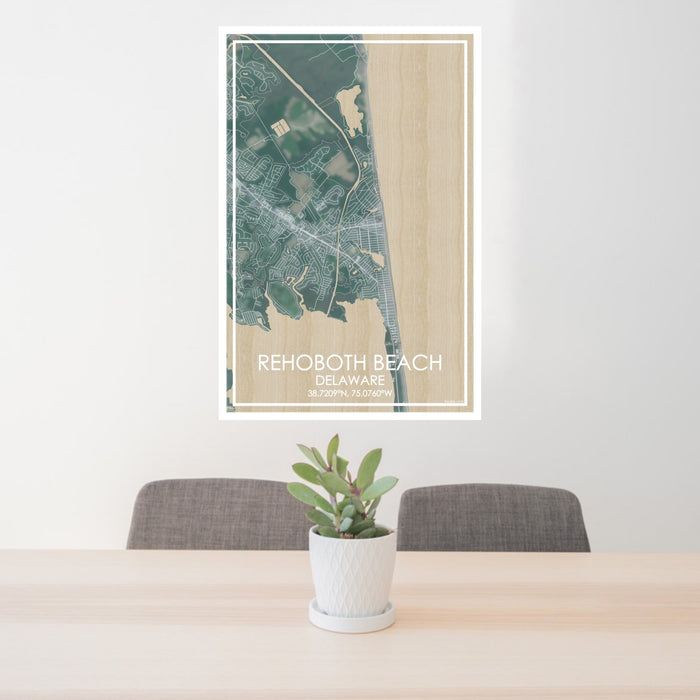 24x36 Rehoboth Beach Delaware Map Print Portrait Orientation in Afternoon Style Behind 2 Chairs Table and Potted Plant