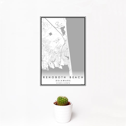12x18 Rehoboth Beach Delaware Map Print Portrait Orientation in Classic Style With Small Cactus Plant in White Planter
