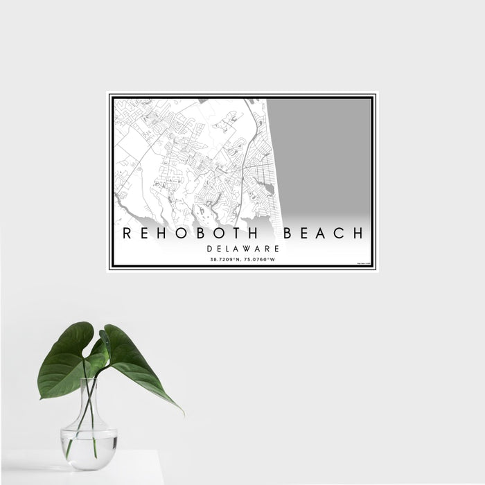 16x24 Rehoboth Beach Delaware Map Print Landscape Orientation in Classic Style With Tropical Plant Leaves in Water