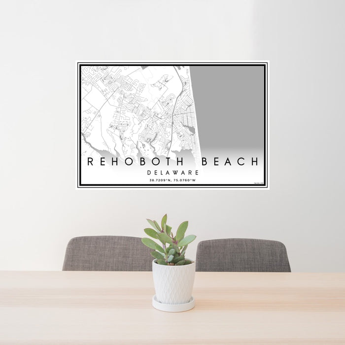 24x36 Rehoboth Beach Delaware Map Print Landscape Orientation in Classic Style Behind 2 Chairs Table and Potted Plant