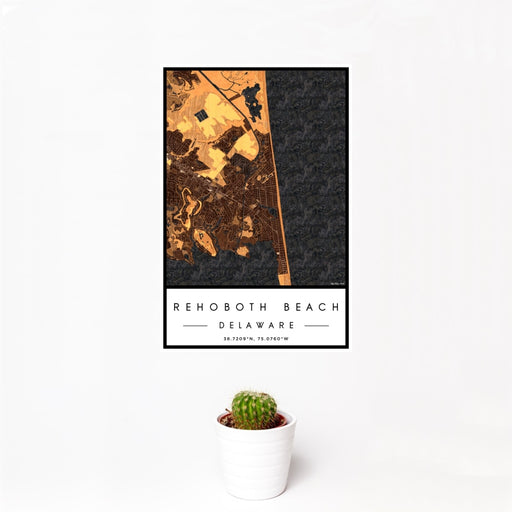 12x18 Rehoboth Beach Delaware Map Print Portrait Orientation in Ember Style With Small Cactus Plant in White Planter