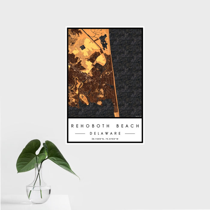 16x24 Rehoboth Beach Delaware Map Print Portrait Orientation in Ember Style With Tropical Plant Leaves in Water