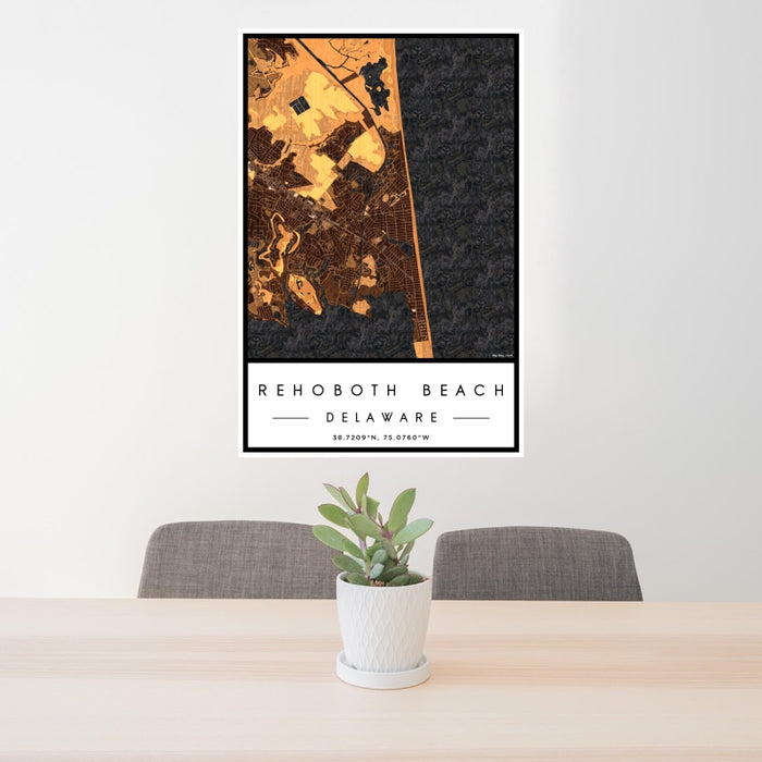 24x36 Rehoboth Beach Delaware Map Print Portrait Orientation in Ember Style Behind 2 Chairs Table and Potted Plant