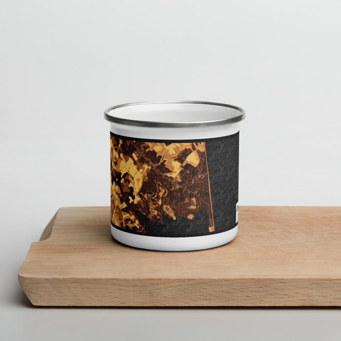 Front View Custom Rehoboth Beach Delaware Map Enamel Mug in Ember on Cutting Board