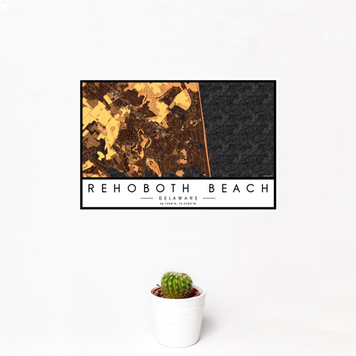 12x18 Rehoboth Beach Delaware Map Print Landscape Orientation in Ember Style With Small Cactus Plant in White Planter