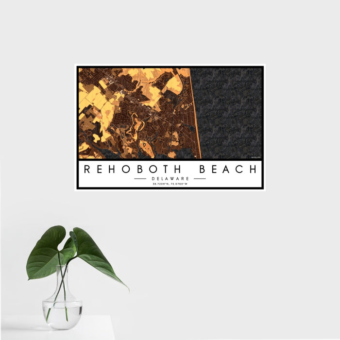 16x24 Rehoboth Beach Delaware Map Print Landscape Orientation in Ember Style With Tropical Plant Leaves in Water