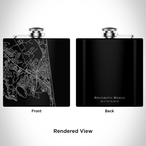 Rendered View of Rehoboth Beach Delaware Map Engraving on 6oz Stainless Steel Flask in Black