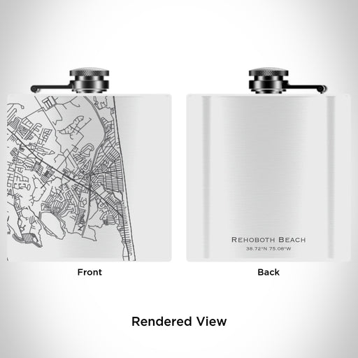 Rendered View of Rehoboth Beach Delaware Map Engraving on 6oz Stainless Steel Flask in White
