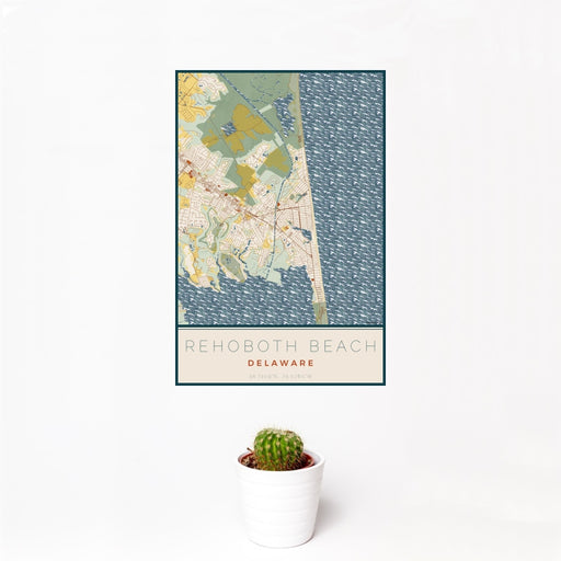 12x18 Rehoboth Beach Delaware Map Print Portrait Orientation in Woodblock Style With Small Cactus Plant in White Planter
