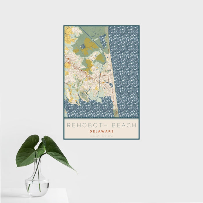 16x24 Rehoboth Beach Delaware Map Print Portrait Orientation in Woodblock Style With Tropical Plant Leaves in Water