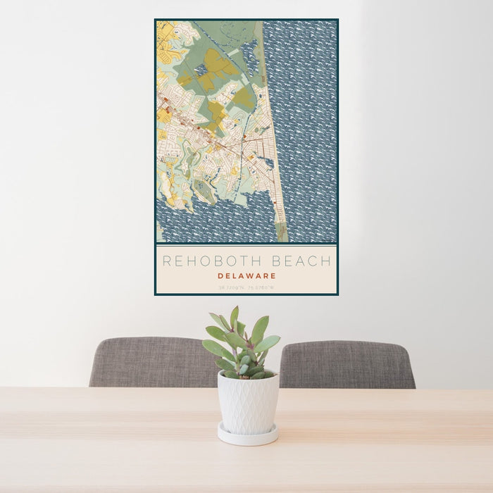 24x36 Rehoboth Beach Delaware Map Print Portrait Orientation in Woodblock Style Behind 2 Chairs Table and Potted Plant