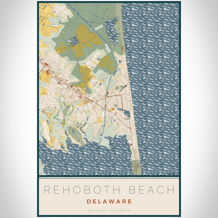 Rehoboth Beach Delaware Map Print Portrait Orientation in Woodblock Style With Shaded Background