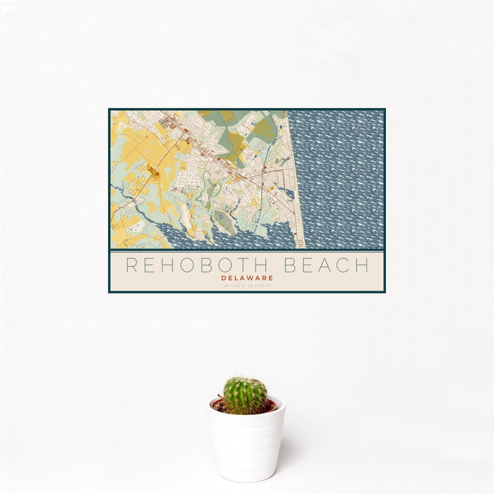 12x18 Rehoboth Beach Delaware Map Print Landscape Orientation in Woodblock Style With Small Cactus Plant in White Planter