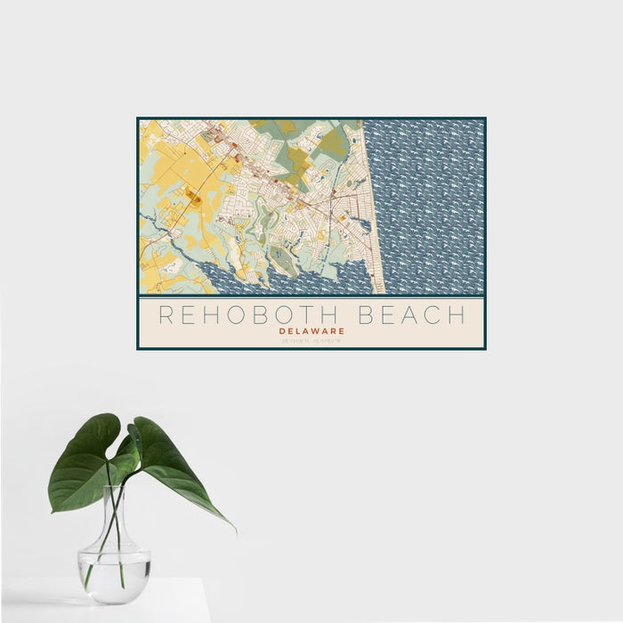 16x24 Rehoboth Beach Delaware Map Print Landscape Orientation in Woodblock Style With Tropical Plant Leaves in Water