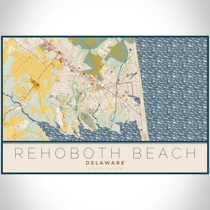Rehoboth Beach Delaware Map Print Landscape Orientation in Woodblock Style With Shaded Background
