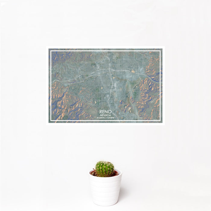 12x18 Reno Nevada Map Print Landscape Orientation in Afternoon Style With Small Cactus Plant in White Planter