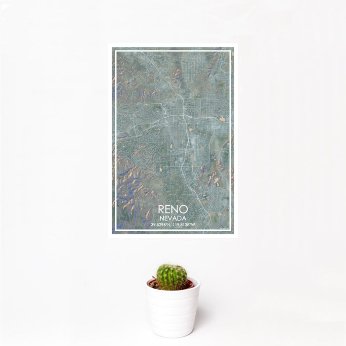 12x18 Reno Nevada Map Print Portrait Orientation in Afternoon Style With Small Cactus Plant in White Planter