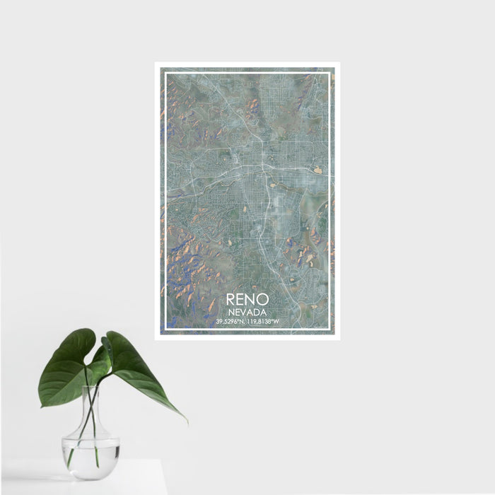 16x24 Reno Nevada Map Print Portrait Orientation in Afternoon Style With Tropical Plant Leaves in Water