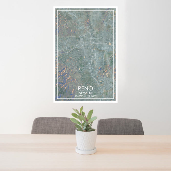 24x36 Reno Nevada Map Print Portrait Orientation in Afternoon Style Behind 2 Chairs Table and Potted Plant