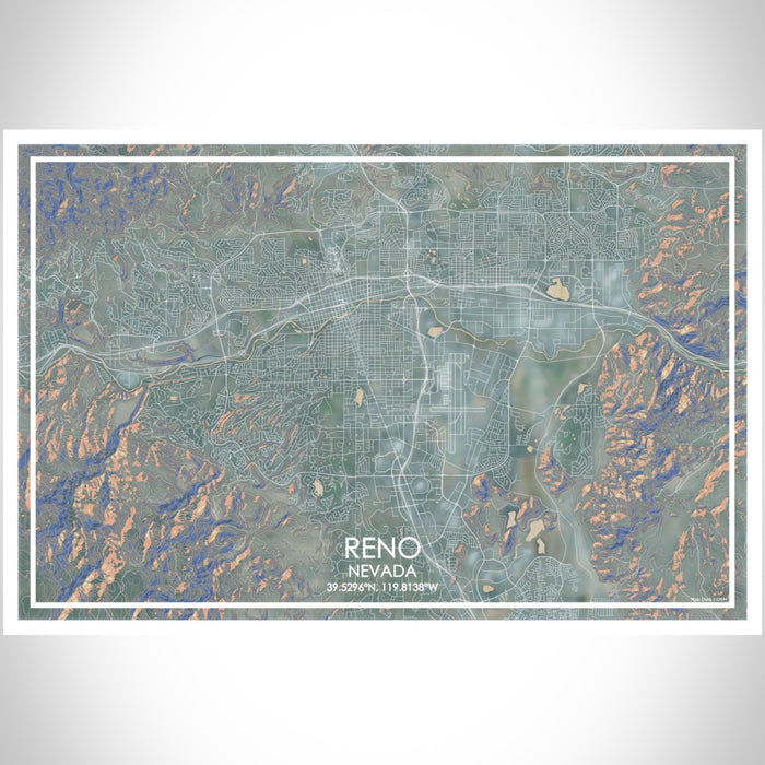 Reno Nevada Map Print Landscape Orientation in Afternoon Style With Shaded Background