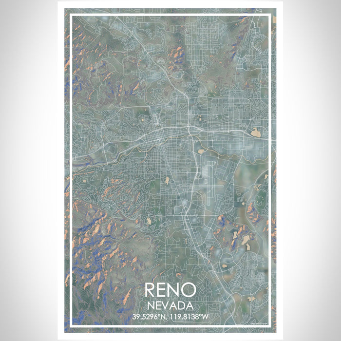 Reno Nevada Map Print Portrait Orientation in Afternoon Style With Shaded Background
