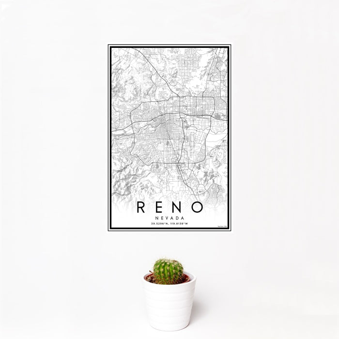 12x18 Reno Nevada Map Print Portrait Orientation in Classic Style With Small Cactus Plant in White Planter