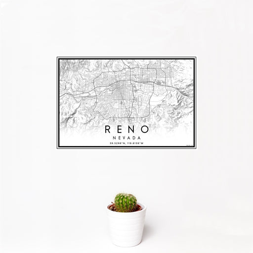 12x18 Reno Nevada Map Print Landscape Orientation in Classic Style With Small Cactus Plant in White Planter