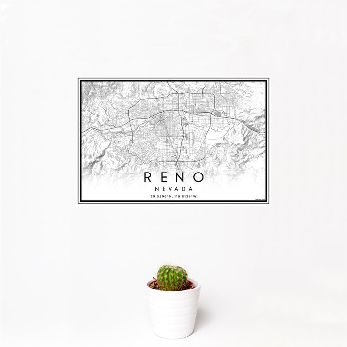 12x18 Reno Nevada Map Print Landscape Orientation in Classic Style With Small Cactus Plant in White Planter