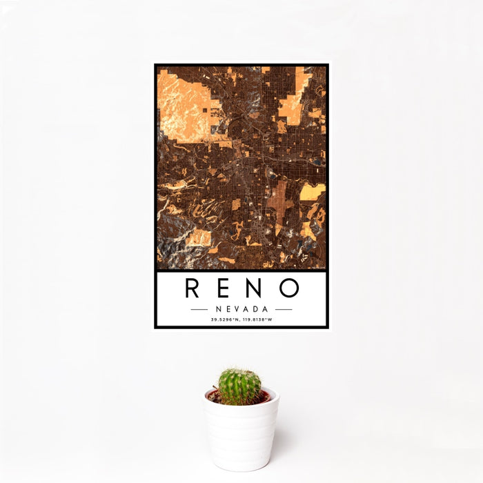 12x18 Reno Nevada Map Print Portrait Orientation in Ember Style With Small Cactus Plant in White Planter