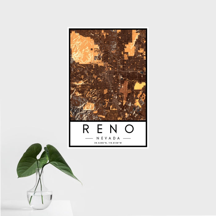 16x24 Reno Nevada Map Print Portrait Orientation in Ember Style With Tropical Plant Leaves in Water