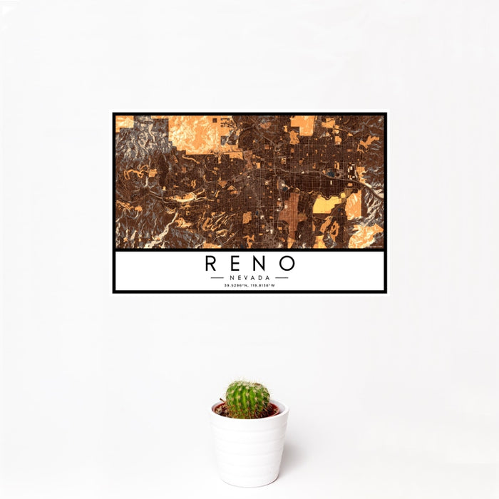 12x18 Reno Nevada Map Print Landscape Orientation in Ember Style With Small Cactus Plant in White Planter