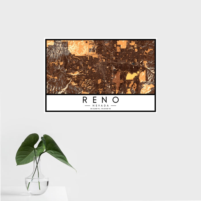16x24 Reno Nevada Map Print Landscape Orientation in Ember Style With Tropical Plant Leaves in Water