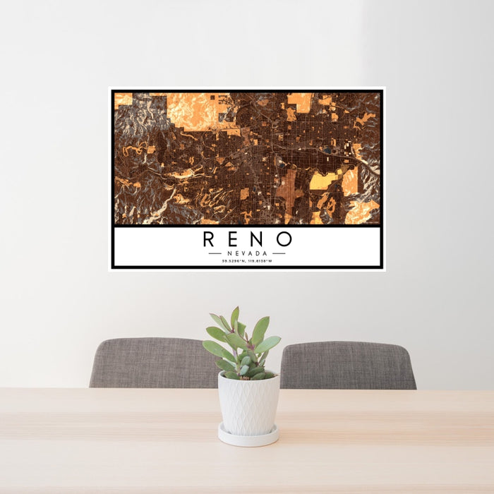 24x36 Reno Nevada Map Print Landscape Orientation in Ember Style Behind 2 Chairs Table and Potted Plant