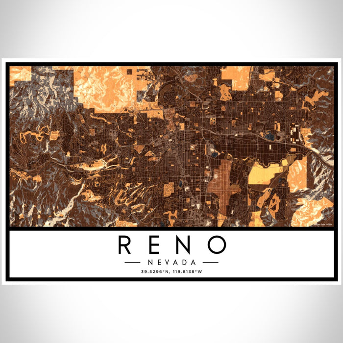 Reno Nevada Map Print Landscape Orientation in Ember Style With Shaded Background