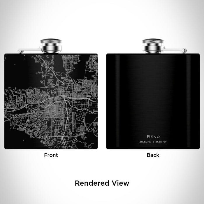 Rendered View of Reno Nevada Map Engraving on 6oz Stainless Steel Flask in Black
